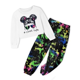 CRISONE Girl Clothes Girls Size 8 Size 10 Clothes Long Sleeve Figure Graphic Pullover Sweatshirts Neon Sweatpants Girls 2 Piece Outfits