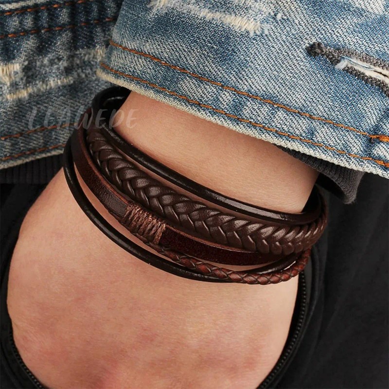 Leawede pulseras hombres De Cuero Con Hebilla Trenzada,Regalos Para Hombre