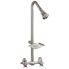 Aolemi Outdoor Shower Kit,Outdoor Shower Fixtures Faucet System with Brass Showerhead,Double Handle Exposed Shower with Brass Mix Valve,6 Inch Center with Soap Dish,Pipe Upward,Brushed Nickel