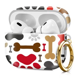 Compatible with Airpod pro 2nd/1st Generation Case Cover with Gold Round Keychain Cute Pattern Hard & Anti Slip Cover for Men Women & Girls（Dogs Paws and Bones）