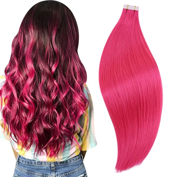 RUNATURE Tape in Hair Extensions Hot Pink Real Human Hair Long Hot Pink Human Hair Glue in Hair Extensions Skin Weft Tape in Pink Hair Extensions Real Human Hair Silky 22 Inch 25g 10pcs