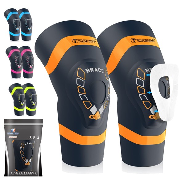 TIMTAKBO 2 Pack Knee Sleeves for Knee Pain for Men Women, Compression Knee Braces with Gel Patella Support for Meniscus Tear,ACL,Arthritis,Runing,Working Out,Sports Injury Joint Pain Relief,1 Pair,Orange/XL Fit upper18.75~20.5"/Lower16~17.25"