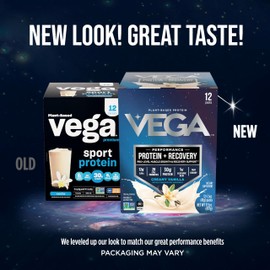 Vega Protein + Recovery - 30g Plant-Based Protein per Serving, Vanilla, 12 x 1.6oz Sachets, 5g BCAAs, Probiotics, NSF Certified, For Shakes & Smoothies, (Packaging May Vary)