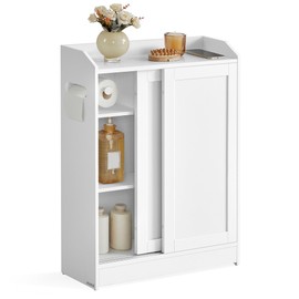 VASAGLE Narrow Storage Cabinet, Slim Floor Cabinet with Sliding Doors, Toilet Paper Holder and Brush Compartment, for Bathroom and Living Room, 7.9 x 23.6 x 31.5 Inches, Cloud White UBBC752W01