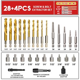 UYECOVE 32Pcs Screw Extractor Set, Left Hand Drill Bit Set 6542/4341 HSS, Easy Out Bolt Extractor Set with Hex Adapter, Multi-Spline Stripped Bolt Remover for Broken Rusted Nuts Screws, Bolts, Studs