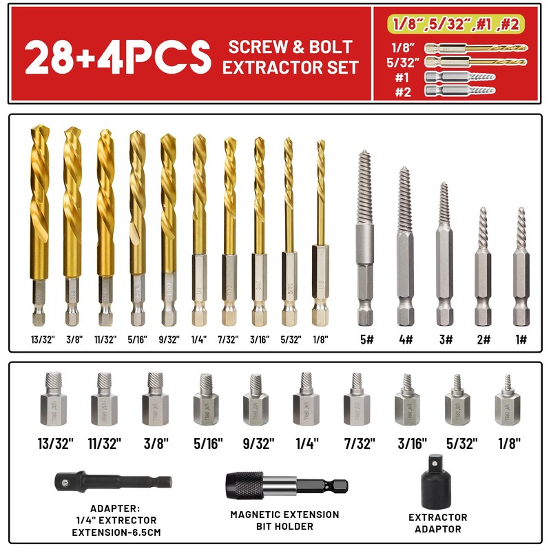 UYECOVE 32Pcs Screw Extractor Set, Left Hand Drill Bit Set