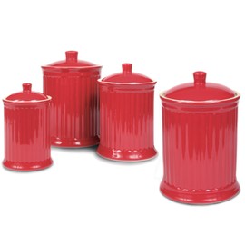 Omniware Simsbury 4-Piece Canister Set - Stoneware Kitchen Storage with Silicone-Sealed Lids, Lead-Free Glaze & Dishwasher Safe - Rustic Farmhouse-Style Flour & Sugar Containers (Red)