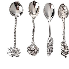 Fdit Juego de cucharas de café vintage 4 piezas, Cucharadita de helado de metal tallado Baroque, Cuchara de postre, Cucharas de té espresso, Cucharas para y sumergir, Mini cubiertos (Plata)