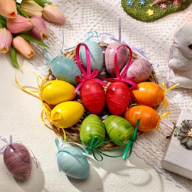 Relaxgiant 18 Pcs Easter Decorations Eggs Hanging Plastic Textured Eggs Easter Robin Eggs Ornaments with Bow Lanyard for Easter Spring Tree Basket Decor Party Favors Supplies Home