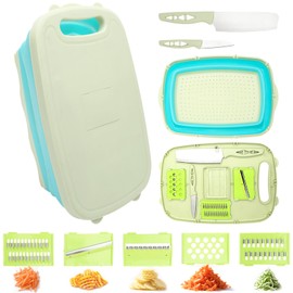TMZELOA Multifunctional Chopping Board, 9 in 1 Foldable Chopping Board, Kitchen Cutting Board, Chopping Board Set with Vegetable Cutter, Portable Drain Basket for Camper Accessories, BBQ & Outdoor
