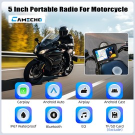 CAMECHO Portable Car Play Screen for Motorcycle, Wireless CarPlay & Android Auto for Motorbike, 5" IP68 Waterproof Touch Screen Motorcycle GPS Navigation System,Bluetooth, Support Siri USB TF EQ 12V