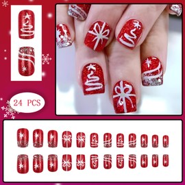 Red Christmas Press on Nails Short Square Fake Nails Glitter French Red Snowflake False Nails Christmas Tree Acrylic Nails Full Cover Stick on Nails for Women Girls Party DIY Manicure Decoration 24pcs