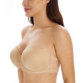 Lemorosy Women's Full Coverage Strapless Bra Plus Size Underwire Lace Multiway Bra(Lace Beige, 44C)