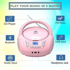 WIITHINK Portable CD Player Boombox with Bluetooth,FM Radio,USB MP3 Playback,AUX-in,Headphone Jack,CD-R/RW and MP3 CDs Compatible,Small CD Player for Home or Outdoor