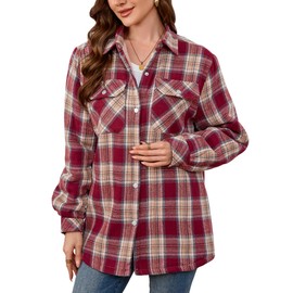 Puwasa Women's Plaid Jacket Shirt Fleece Flannel Jacket Button Down Sherpa Lined Jacket for Women Red XX-Large