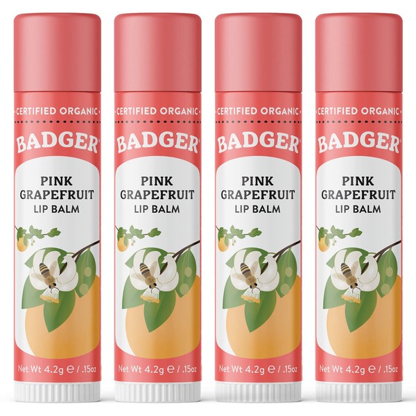 Badger - Classic Lip Balm, Pink Grapefruit, Made with Organic Olive Oil, Beeswax & Rosemary, Certified Organic, Moisturizing Lip Balm, 0.15 oz (4 Pack)