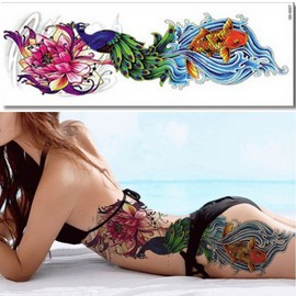 EROSPA® Temporary Tattoo Sheet - Fish Water Wave Flower Blossom Peacock - 48 x 17 cm