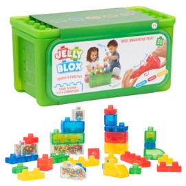 Jelly Blox Stash 'N Stack 2-in-1 Storage Case Including 30 Blocks | Toddler & Preschool Building Blocks Kids Can Squeeze & Stretch | Safety Tested & Ouch-Free | Tactile, Sensory Play Toy for Ages 2+