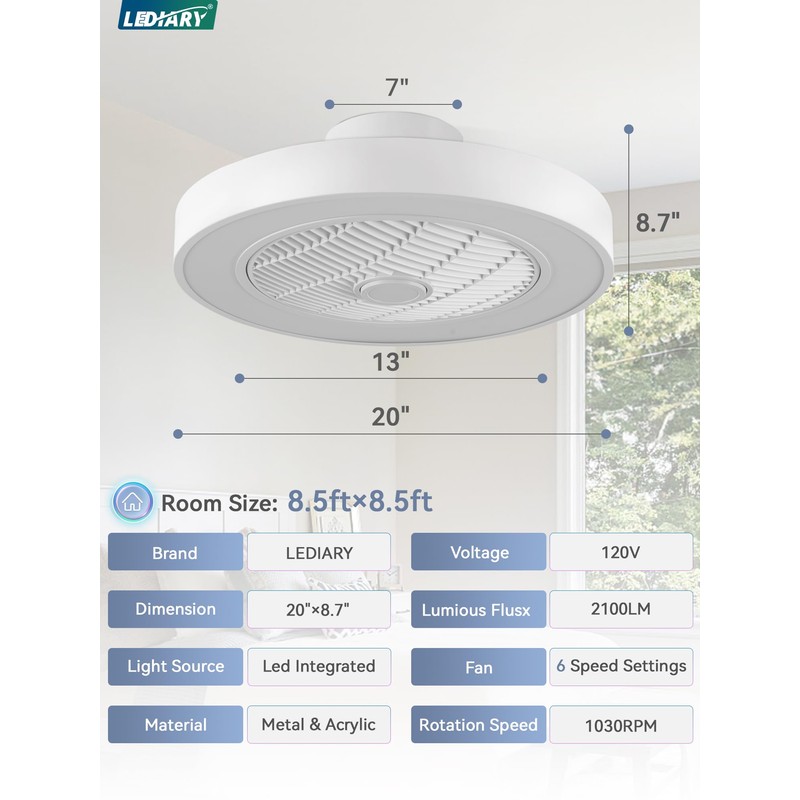 LEDIARY 20 Inch Low Profile Ceiling Fans with Lights, Led