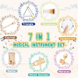 Baby Musical Instruments - Neutral Colors Musical Toys for Toddlers 1-3, Montessori Wooden Percussion Instruments Set with Modern Boho Xylophone Tambourine, Kids Preschool Educational Birthday Gifts