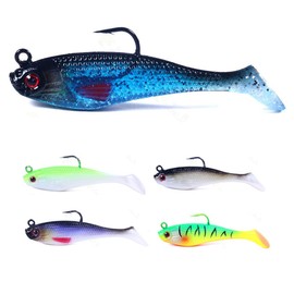 FOLANDO 5pcs Fishing Lures with hook, Sea Fishing Tackle Bionic fish Hook Pre-Rigged Soft Fishing Lures T Tail Artificial Bait Fishing 8cm-10g