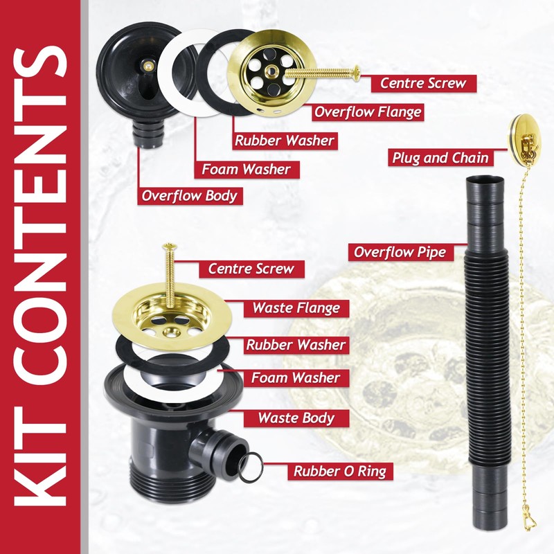 SPARES2GO Bath Combination Waste Plug and Chain Luxury Gold Brass