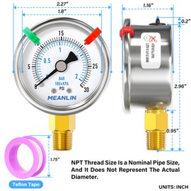 MEANLIN MEASURE 0~30Psi Dry Low Pressure Gauge Stainless Steel 1/4" NPT 2" FACE DIAL Waterproof for Pool Sand Filter Water Oil Air Pressure Test Lower Mount (with 2PCS Snaps)