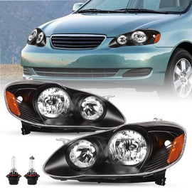 SOCKIR Headlight Assembly Compatible with 2003 2004 2005 2006 2007 2008 Toyota Corolla Headlamps Replacement Passenger and Driver Side, Black Housing with Amber Reflector (Bulbs Included)