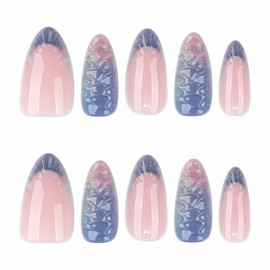 BABALAL Press on Nails Medium Almond Fake Nails Blue Ombre Glue on 3d Texture Mermaid Design Handmade Beach Summer Bling Almond Full Cover Artificial Nails for Women Girls