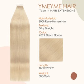 YMEYME Tape-In Hair Extensions, Bleach Blonde Real Human Hair Extensions, Seamless Skin Weft Tape in 50 g, 20 Pieces, 50 cm