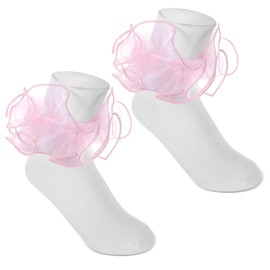 Lnngub Girls Ruffle Socks White Socks with Pink Ruffles-Double Lace Turn Cuff Pink Lace Ruffle Frilly Sock for Girls Aged 10-12 Years