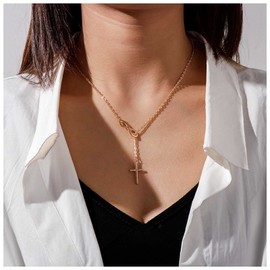 Allereya Gold Infinity Y Drop Necklace Gold Cross Y Lariat Necklace Infinity Endless Love Necklace Cross Pendant Necklace Religious Necklace Jewelry for Women and Girls Gifts (Gold)