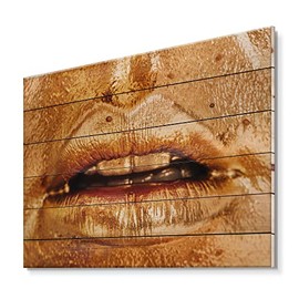 DesignQ Close Up Of Woman Lips With Bright Golden Makeup Modern & Contemporary Wood Wall Decor, Orange Wood Wall Art, Large People Wood Wall Panels Printed On Natural Pine Wood Art