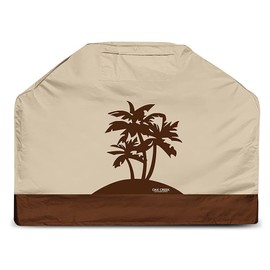 Oak Creek Designer Series BBQ Grill Covers. Heavy Duty Grill Covers Made of Waterproof Fabric Featuring Air Vents, Click Close Straps, and Pocket in 3 Palms Design