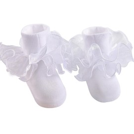 Snegyu Girls White Frilly Socks Kids Princess Socks Baby Toddler Girl Dance Socks Ruffle Socks Turn Cuff Big Double Lace Ankle Socks for Shows Party Performance Socks 0-6 Months