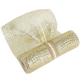 MEEDEE Champagne Deco Mesh 10 Inch Deluxe Wide Foil Metallic Pull Up Mesh Champagne Gold Mesh Ribbon for Christmas Tree, Wreaths, Garland, Gift Wrapping, Bows Making (30 Feet)