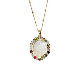 Mother of Pearl Virgin Mary Necklace, Cubic Zirconia Medallion Mary Scapular Necklace, Mother Mary Religious Medal Necklace, Cubic Zirconia, Agate