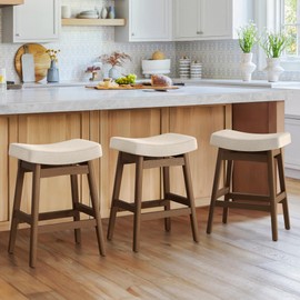 Bar Stools Set of 3, Barstools with Sturdy Wood Legs, Saddle Seat Counter Height Bar Stools for Kitchen Counter, Bar, Dining, 24 Inch Farmhouse Counter Stools, Linen Fabric
