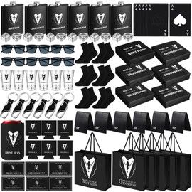 Roshtia 66 Pcs Groomsmen Proposal Gift Set for 6 - Plastic Shot Glass, Stainless Steel Flask, Opener, Beer Sleeve, Sunglasses, Sock, Wallet, Keychain, Postcard, Gift Box & Bag for Wedding Party