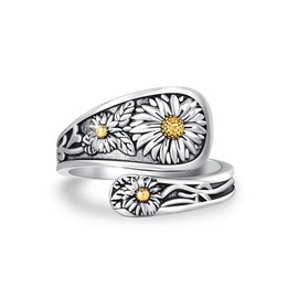 925 Sterling Silver Sunflower Spoon Ring Adjustable Thumb Ring Boho Vintage Jewellery Birthday and Christmas Gifts for Women, Sterling Silver, No Gemstone