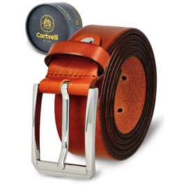 Cartvelli Men's Business Leather Belt with Gift Box Made in Germany – Genuine Leather Belt Suit 35 mm, cognac brown