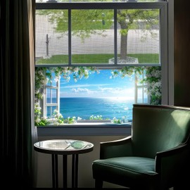 BlissYard Window Privacy Film 39.3×17.7 Inchs Stain Glass Window Film for Glass Sea Scene Glass Decorations Anti-UV Sun Non-Adhesive Static Cling Glass Covering Sticker for Bathroom and Living Room