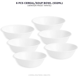 Corelle Vitrelle 6-Piece Soup/Cereal Bowl Set Triple Layer Glass and Chip Resistant, 18-Oz Lightweight Round Bowls, Winter Frost White