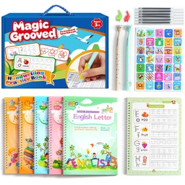 Magical Handwriting Workbooks Handwriting Practice Magic Copybook, Handwriting Aid Magic Pen Reusable Copybook Grooves Template Design for Children (5books+Pens)