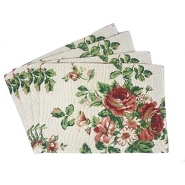 Tache Sweet Roses Spring Summer Traditional Country Vintage White Red Floral Decorative Kitchen Dining Woven Quilted Tapestry Placemats, 13x19”
