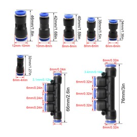 26 pieces 8 shapes air push-in fitting connector, pneumatic connector, air line fittings for 4 mm, 6 mm, 8 mm, 10 mm, 12 mm pipe