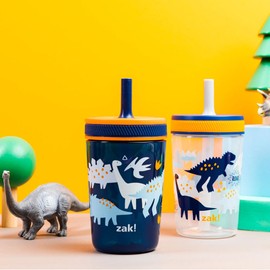 Zak Designs Kelso Toddler Cups For Travel or At Home, 15oz 2-Pack Durable Plastic Sippy Cups With Leak-Proof Design is Perfect For Kids (DinoRoar, Zaksaurus)