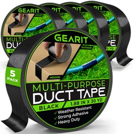 GearIT Duct Tape with Heavy-Duty Adhesive (5-Pack, 1.88in, 30yd Each) Black, Waterproof, Easy to Tear by Hand, Indoor Outdoor, Multi Surface Use, Professional Strength - 2 Inch, 5 Roll, 90 Feet