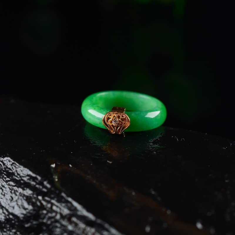 Natural Jade Ring Woman Lucky Smooth Green Band Ring Gold
