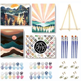 VIGEGU 4 Pack Paint by Numbers Kit for Adults Framed Canvas - with Wooden Easel,Adults' Paint-by-Number Kits Abstract Mountain Landscape DIY Acrylic Oil Painting Arts Crafts 7.8x11.8inch